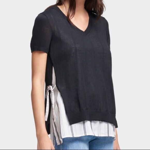 DKNY Short Sleeve V Neck Top With Striped Underlay - Picture 1 of 8